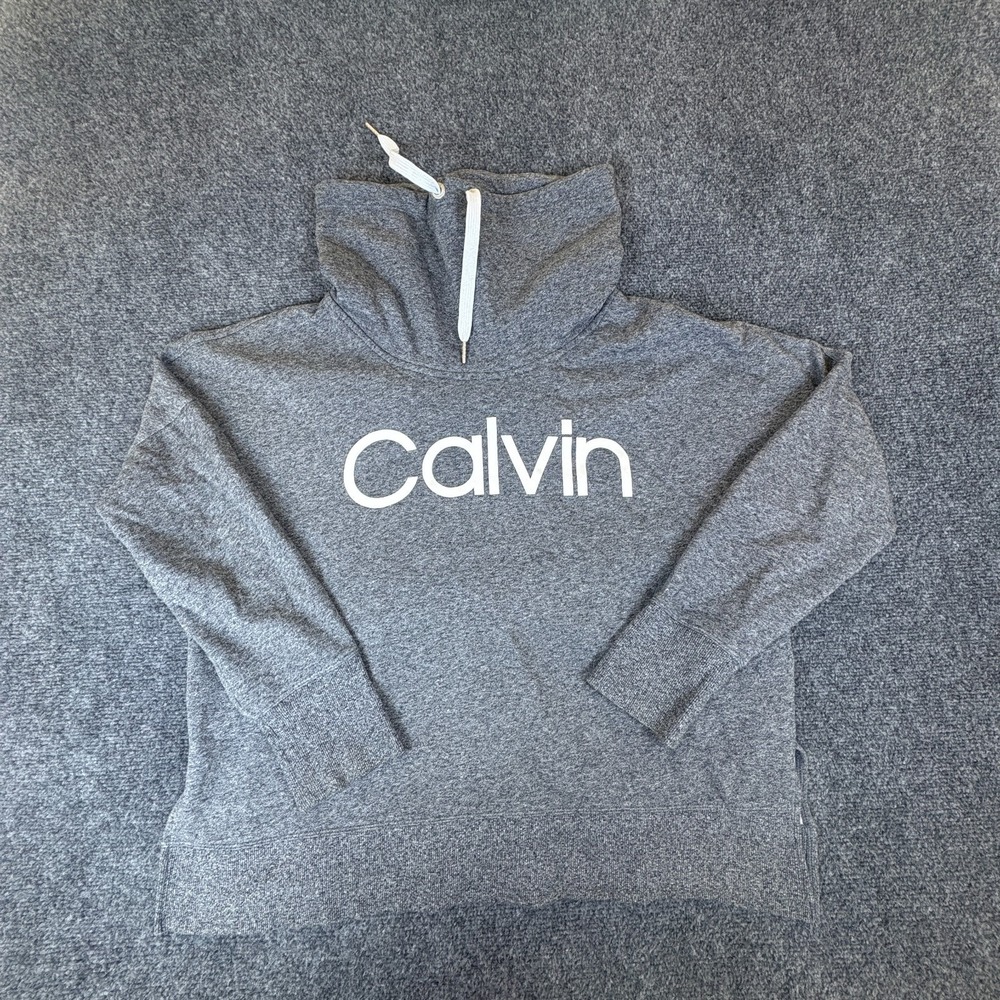 Calvin Klein Sweatshirt Womens Large Heather Gray Cotton Funnel Neck Drawstring